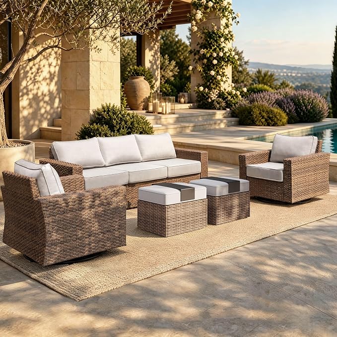 HERA'S HOUSE Swivel Glide Patio Furniture Set with 4.92" Widened Armrest Chairs, Outdoor Conversation Set, 5 Pieces Deep Seating Yellow Rattan Sofa with 5.5" Gray Cushions for Deck Garden Yard