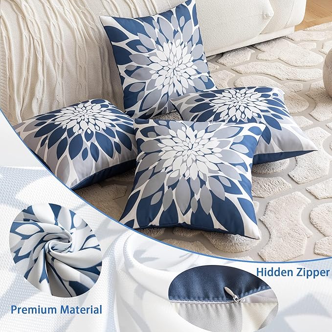 Pack of 4 Outdoor Waterproof Pillow Covers 18x18 Decorative Outdoor Throw Pillows Garden Square Cases for Patio Furniture, Couch, Tent Sunbrella, Bench, Blue Grey