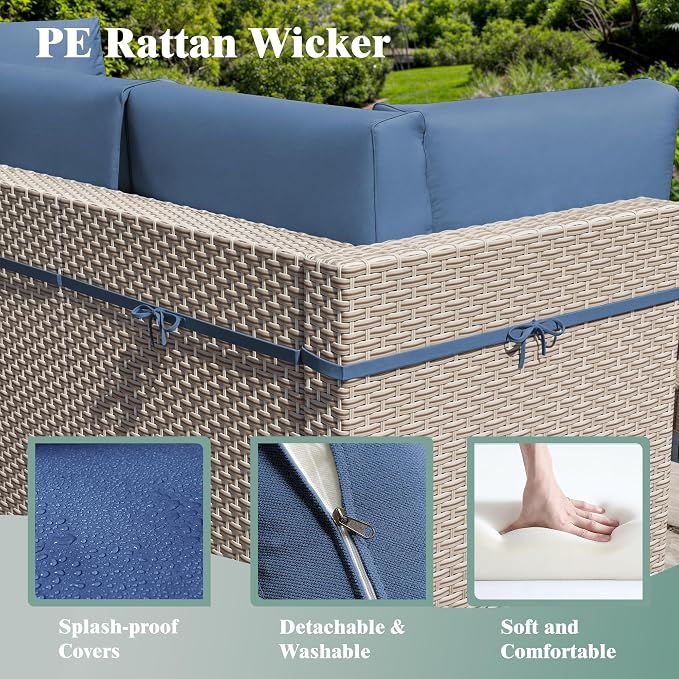 11 Pieces Patio Furniture Set, Outdoor Sectional Wicker Sofa with Thick Cushions and Storage Coffee Table, Rattan Patio Conversation Sets for Deck Garden Poolside, Navy