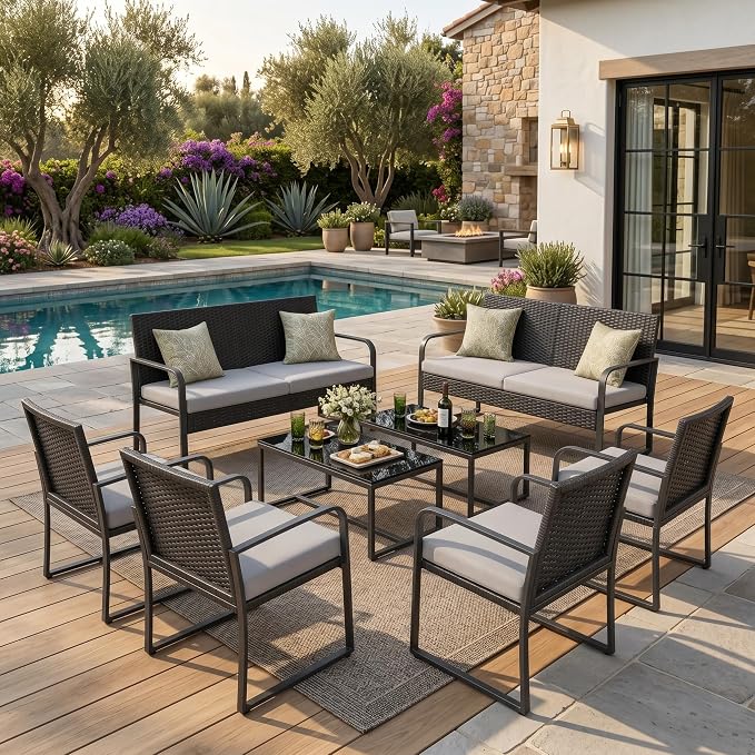 Gizoon 8 Piece Outdoor Patio Furniture Set, Outdoor Black Wicker Patio Furniture with Glass Coffee Table, Modern Rattan Chairs Conversation Set, for Porch, Garden, Lawn, Grey Cushion
