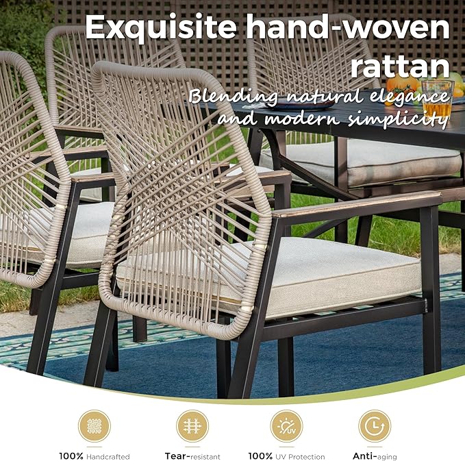 MIXPATIO 7 Pieces Outdoor Dining Set for 6, Patio Dining Set Wicker Rattan Chairs with Soft Cushion and Metal Rectangular Table, Wicker Patio Table and Chairs for Backyard Porch