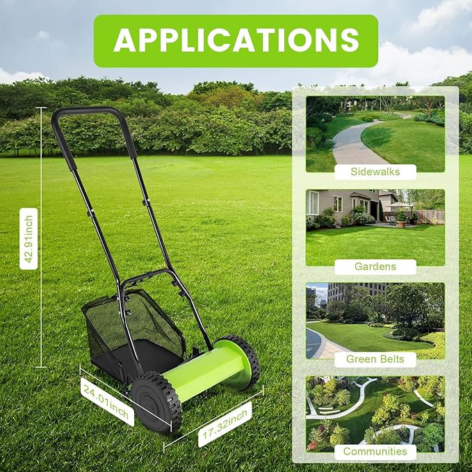 12-Inch Manual Lawn Mower, 5-Blade Push Reel Lawn Mower with Grass Catcher, Lawn Sweeper w/Adjustable Cutting Height, Simple Installation