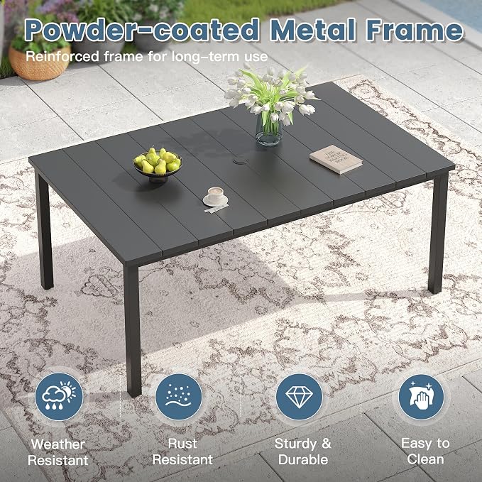 DIFY 7 Pieces Outdoor Dining Set for 6, 63" Black Rectangle Metal Table with 4 Stackable Wicker Patio Chairs & 2 Swivel Chairs, Patio Furniture Set with Cushions and Umbrella Hole, Wheat Rattan