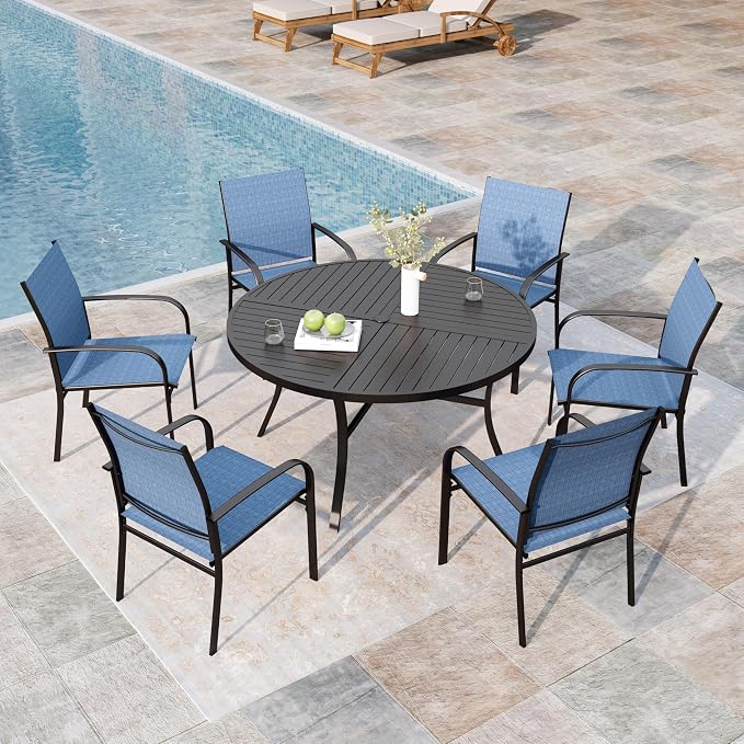 MIXPATIO 7 Pieces Outdoor Table and Chairs, Patio Dining Set for 6 Includes 54" Round Outdoor Table and 6 Blue Patio Chairs, Outdoor Dining Furniture Set for Lawn Backyard Deck,