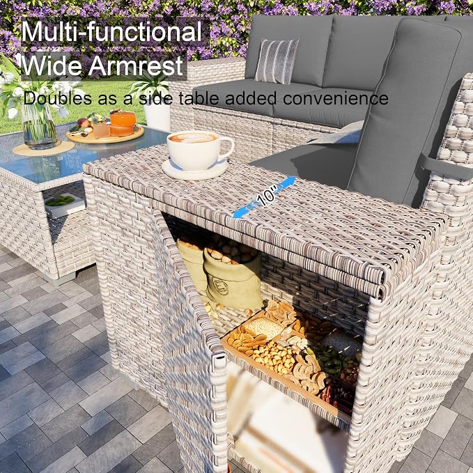 6-Piece Patio Furniture Set, Outdoor Extra Wide Armrest Modular Patio Sofa, Dual-Strand Rattan Wicker, Rust-Resistant Frame, Backyard High Back, Large Seat Furniture for Porch Garden Balcony, Grey