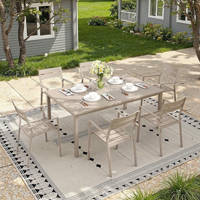 Patio Dining Set for 6, 63" Outdoor Dining Table and Chairs Set with Stackable Patio Chairs Outdoor Furniture for Garden Deck Backyard, Sandshell Table and Sandshell Chairs