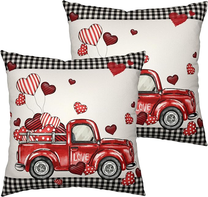 Valentines Throw Pillow Covers 22x22 Valentines Day Red Truck Pillow Covers Pack of 2 Heart Balloon Black Buffalo Plaid Decoarative Pillow Case for Home Outdoor Deocr Couch