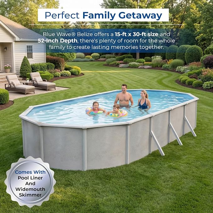 Blue Wave Belize 15x30-ft Oval 52-in Deep Hard Sided Steel Wall Above Ground Pool with 6-in Top Seats, 5-in Verticals, Skimmer & Vinyl Liner - 9,900 Gallon Cap for Family Swimming & Recreation