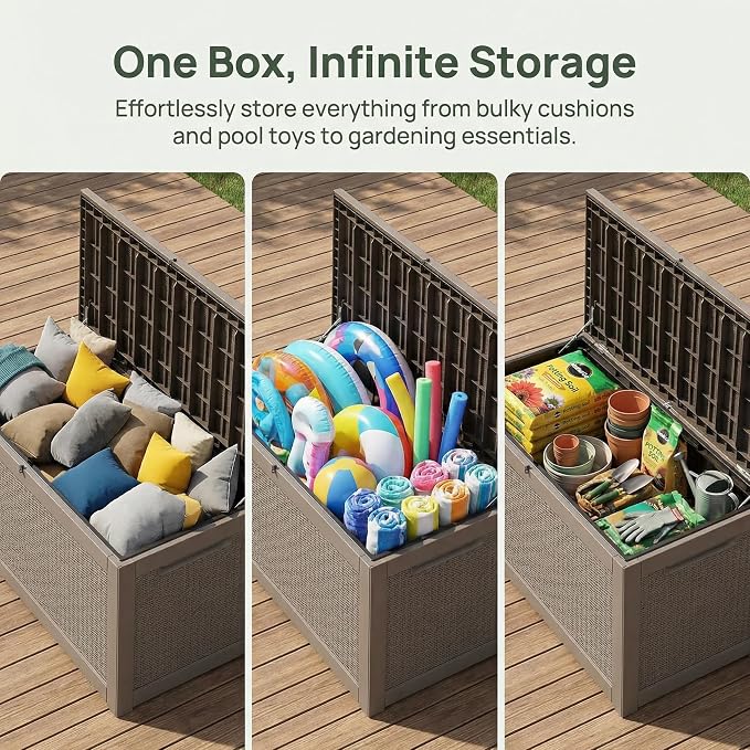 Outdoor Storage Deck Box, Large Patio Container for Garden Tools, Cushions and Yard Accessorie.Lockable Waterproof Resin Weatherproof Storage Container (Light Brown, 320 Gallon)