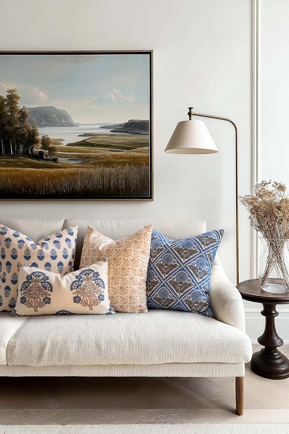 California Casual Coastal Indoor Outdoor Throw Pillow Cover, 20"x20" Water Repellent for Patio, Backyard, Couch, Poolside, Earth Tone Ivory Cream Tan Print Floral and Leaves Geometric