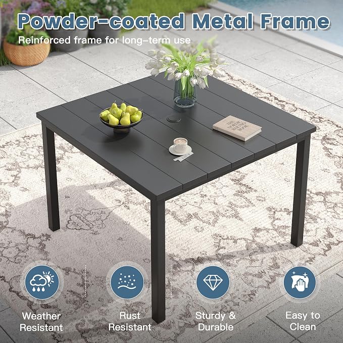 DIFY 5 Pieces Outdoor Dining Set, Metal Patio Table and Chairs Set for 4, 40.2" Square Dining Table with Umbrella Hole & Wicker Swivel Patio Chairs with Cushions, Black Tabletop