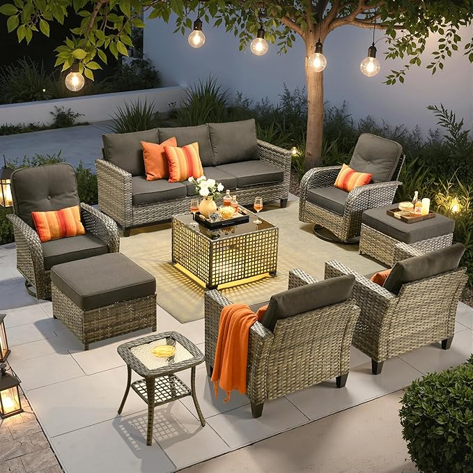 ovios 9 Pieces Patio Furniture Set, Outdoor Wicker Sofa Couch with Swivel Glider Chairs Solar Lights Table, Modern Deep Seat Rattan Conversation Sets for Deck Porch, Black