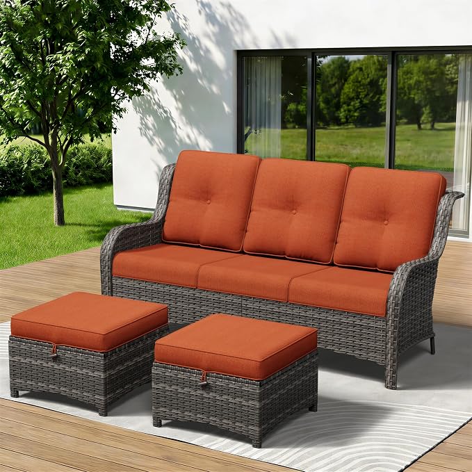 3-Piece Outdoor Couch Set, Include Wicker Patio Sofa with Thickened Olefin Cushions, High Back and Deep Seating, Hand-Woven PE Rattan and 2 Ottomans, Patio Conversation Set for Porch, Deck