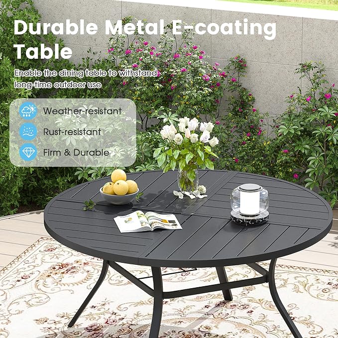 7 Pieces Patio Furniture Dining Set, 6 Textilene Swivel Dining Chairs, 53" Outdoor Round Metal Table with 1.57" Umbrella Hole, Outdoor Dining Set for Porch, Lawn, Garden, Black/Blue