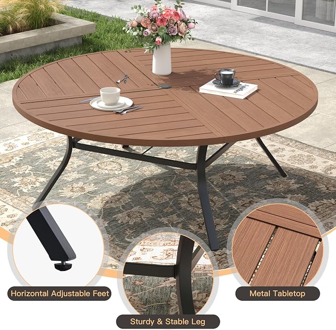 Outdoor Dining Set for 8, 60.1" Outdoor Dining Table with Umbrella Hole and Padded Textilene Patio Swivel Chairs, 9 Pieces Patio Table and Chairs Set for Garden Backyard, Mixed Brown and Walnut
