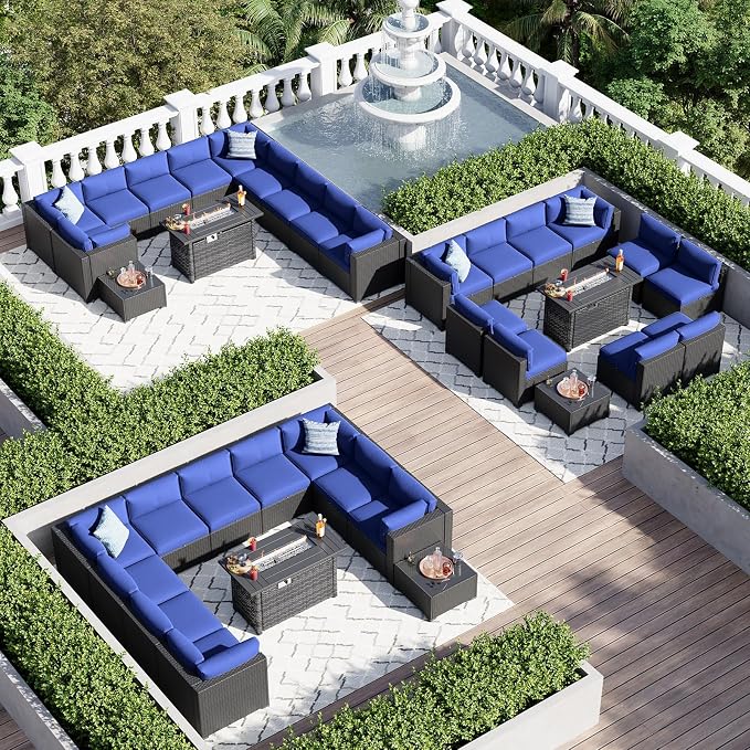 Aoxun 10 Piece Patio Furniture Set Wicker Rattan Patio Sectional Sofa Set Outdoor Seating Furniture with Thickened Cushion, Navy Blue