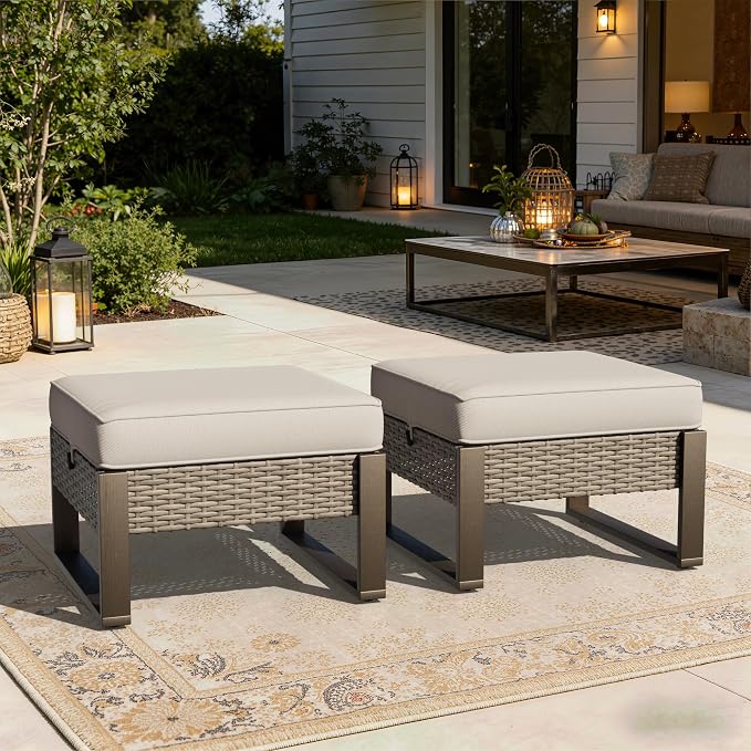 Joyside Outdoor Patio, All-Weather PE Rattan Ottomans Footstools with Removable Cushions & Anti-Rust Wood-Looking Legs for Garden, Backyard, Porch, Deck (Beige)