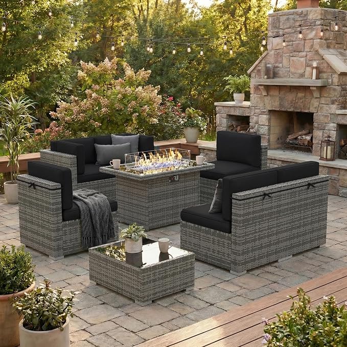 8 Pieces Patio Furniture Set with 44" Propane Gas Fire Pit Table, Outdoor Sectional Wicker Conversation Sofa Sets with Coffee Table