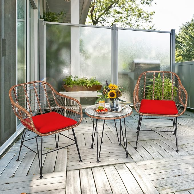 COSTWAY 3 Pieces Patio Bistro Set, Outdoor Rattan Conversation Seating Chair Set with Coffee Table & Soft Cushions, Indoor Wicker Furniture Set for Garden, Balcony, Porch, Pool, Red