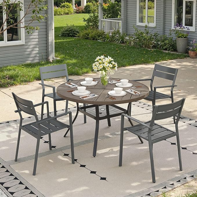 Patio Dining Set for 4, Round 40.7" Patio Dining Table and Stackable Outdoor Dining Chairs Outdoor Furniture for Backyard Porch Deck, Spliced Grey Table and Grey Chairs