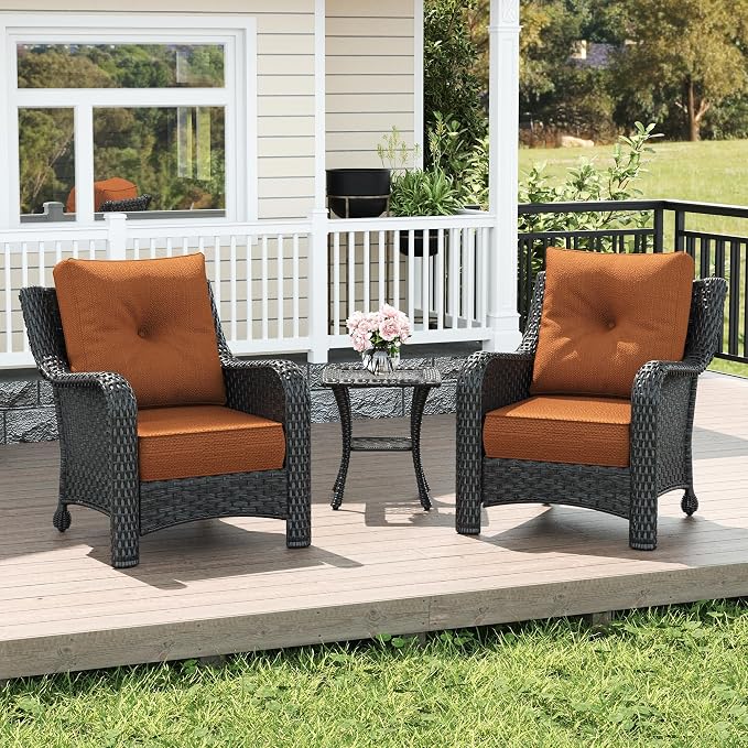 LayinSun 3 Piece Wicker Outdoor Furniture Set with 6-inch Comfy Cushions, High Back Patio Furniture Set with Rattan Armchairs and Side Table
