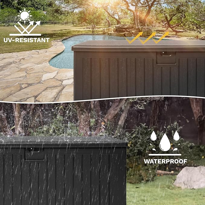DWVO 260 Gallon Resin Outdoor Storage Box, XXL Double-Wall Waterproof Deck Box with Divider, Doubles as Table or Seating with 1000 lbs Capacity, Lockable (Black)