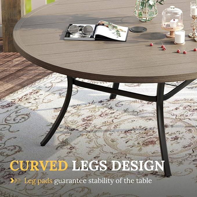 VICLLAX Patio Dining Set for 8, 9 Pieces Outdoor Furniture Includes 60" Round Patio Table with Umbrella Hole and 8 Outdoor Swivel Chairs for Lawn Garden, Grey Wood Grain Tabletop and Grey Fabric