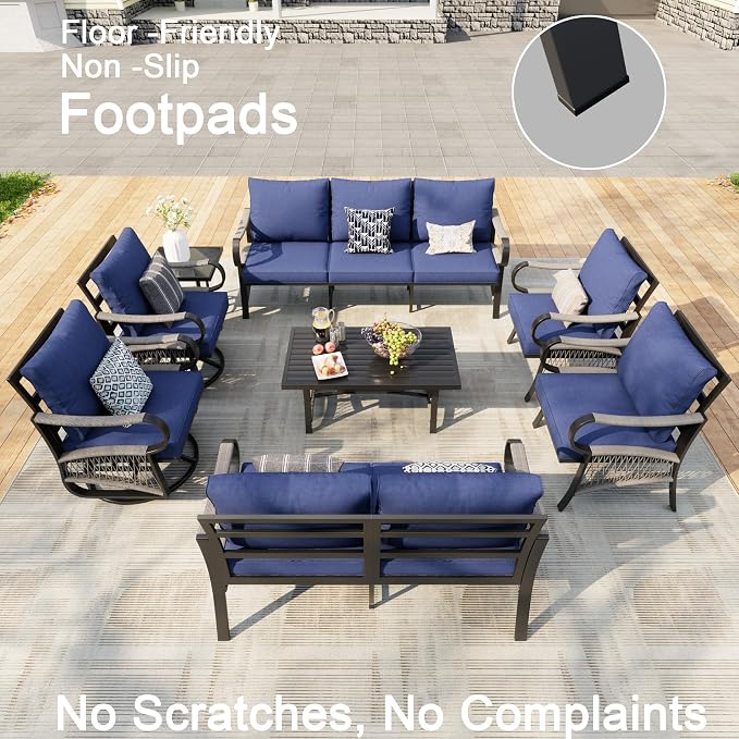 8 Pieces Modern Patio Furniture Set, All Weather Metal Outdoor Conversation Sets with 5.1" Extra Thick Cushion for Backyard Garden Deck Porch Poolside, Blue