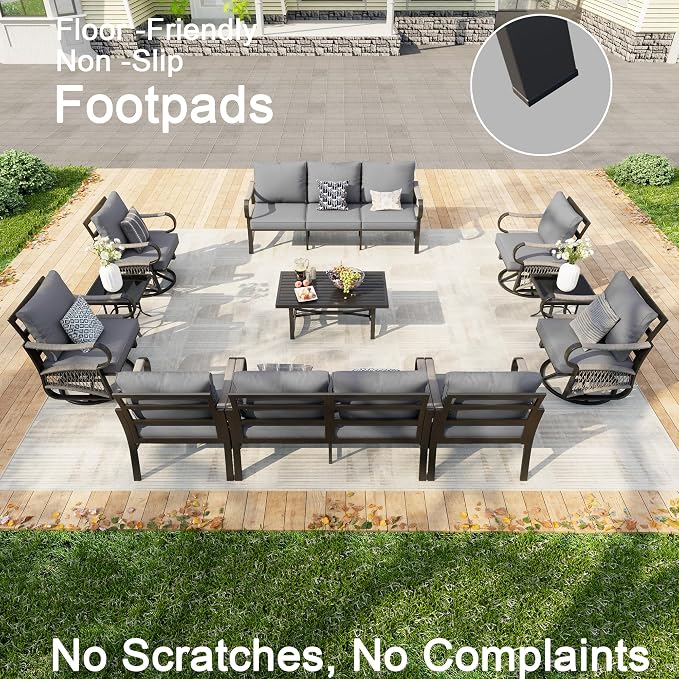 11-Piece Patio Conversation Sets, All Weather Metal Outdoor Furniture Set Includes 3-Seater 4 Swivel Rockers with 2 Side Tables 1 Loveseat with Coffee Table 2 Single Chairs for Backyard Porch, Gray