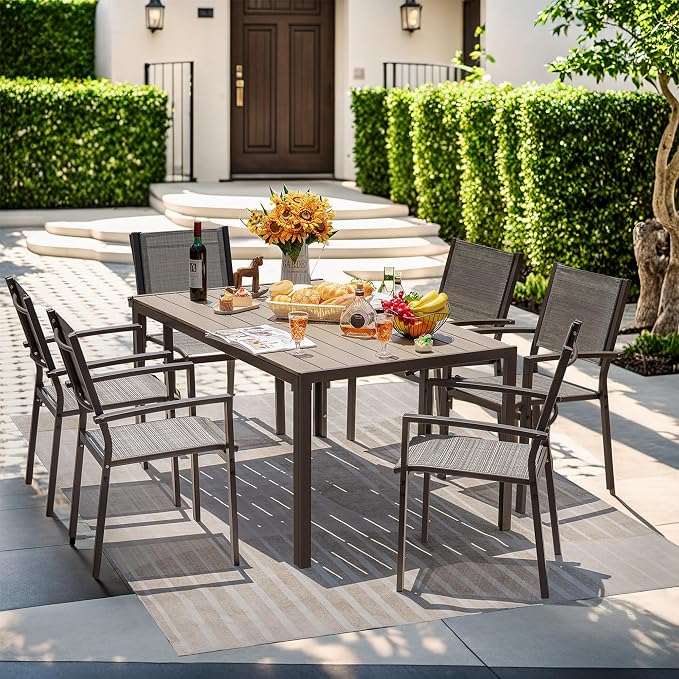 GUNJI 7 Piece Patio Furniture Set,Outdoor Dining Set with 6 Stackable Textilene Chairs and 60" Rectangular Table,Family Conversation Set for Garden Backyard Deck (Gray)