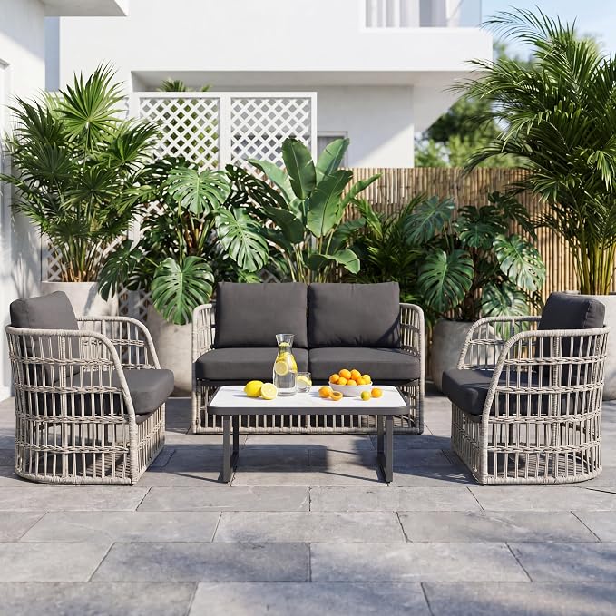 Outdoor Sectional Furniture Set, Patio Wicker Furniture Set, 4 Piece Rattan Patio Conversation Sets, Balcony Loveseat, Outdoor Sofa for Backyard, Garden, Outside, Lawn, Poolside, Grey
