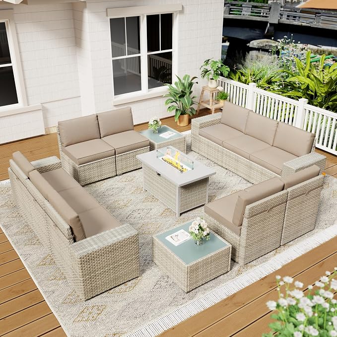 13 Piece Patio Furniture Set, 8" Wide Arm Sectional Sofa Set with 50000 BTU Propane Fire Pit Table & Coffee Table, Rattan Outdoor Conversation Set for Garden, Porch, Lawn, Khaki