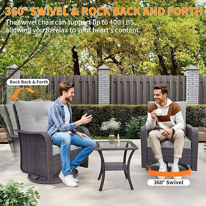 Gotland 9 Pieces Patio Furniture Set with 2 Swivel Chairs, 7-Seater Patio Furniture in 4 Combinations with Wide Armrests 29.5'' High Backrest, Wicker Outdoor Sectional for Deck Garden Pool Gray