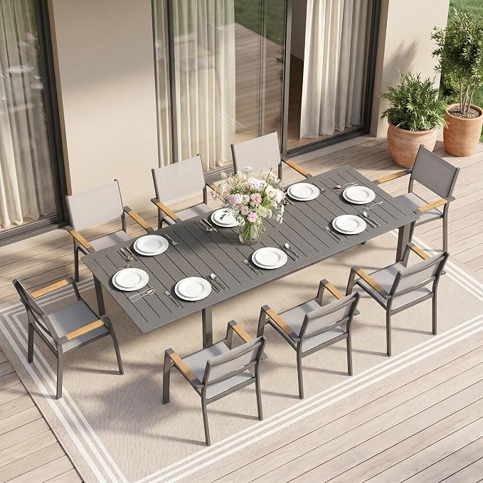 RoyalCraft Aluminum Outdoor Patio Table and Chairs Set with 91.7" L-62 L Expandable Dining Table, 9-Pieces Patio Furniture Set for 8, Outdoor Dining Set with Stackable Quick Drying Chairs, Grey