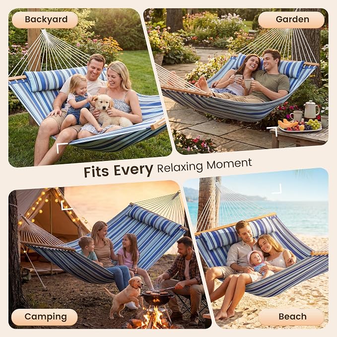 Double Hammock with Spreader Bar,Soft Pillow,Max Load 500lbs,Portable Hammock for Outdoor,Camping,and Backyard,Aqua Blue