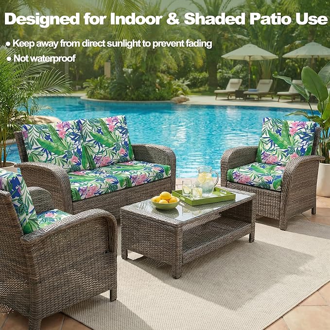 CALBODE 12 Pcs Outdoor Seat Cushion Covers, Stretch Chair Seat Cover for Patio Furniture Cushions Washable Reusable Indoor/Outdoor Couch Cover Replacement (Tropical Plant, Cover Only)