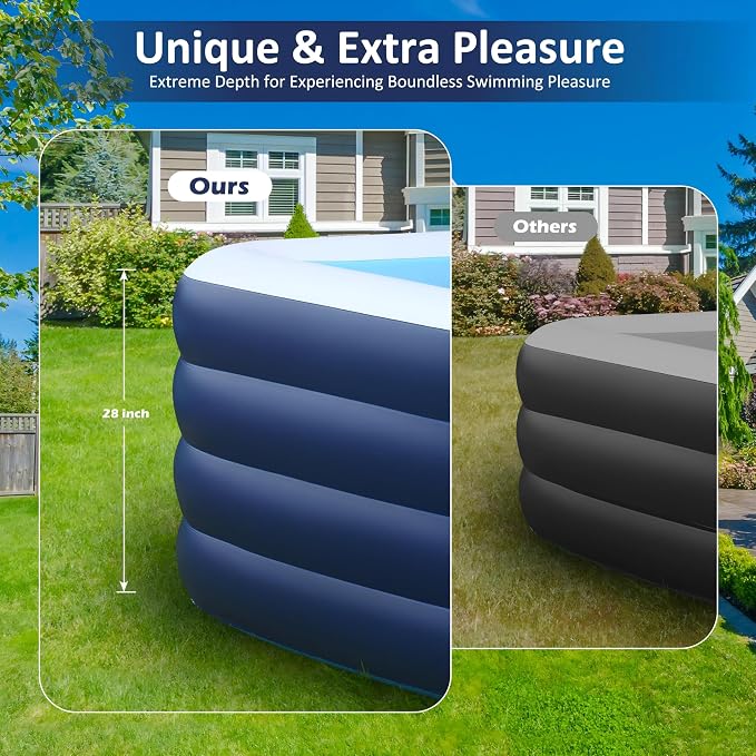 Inflatable Pool for Kids and Adults with No Collapse, 100" X 60" X 30" Deepened Swimming Pool for Toddlers, Outdoor, Garden, Backyard