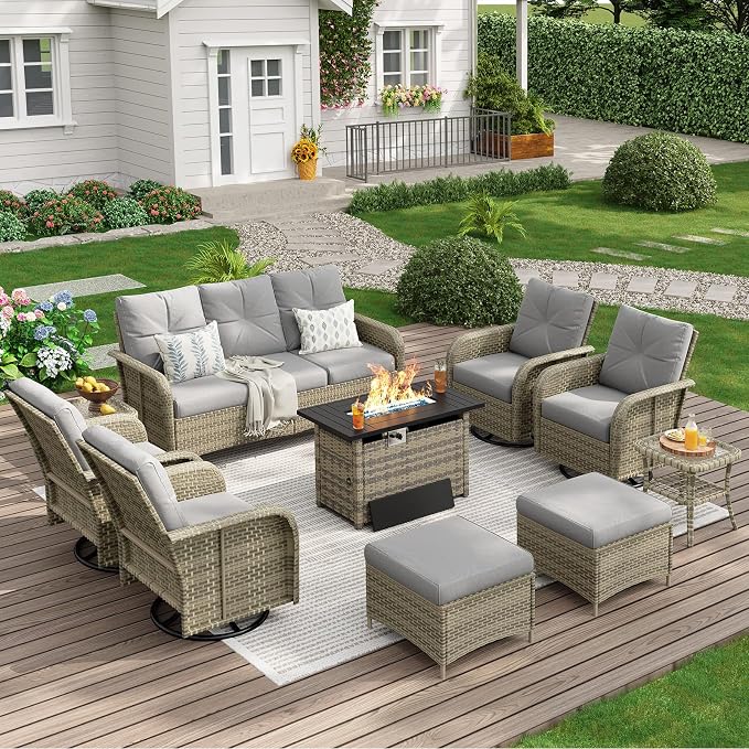 LazySunsets Luxury 12-Piece Patio Furniture Set with 44'' Fire Pit Table, 360° Swivel Chairs, Wicker Rattan Sofa & Thick Cushions, Outdoor Conversation Set for Backyard, Poolside & Garden, Beige/Gray