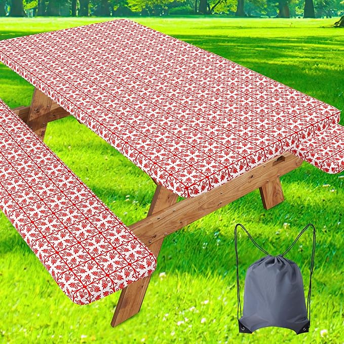 misaya Picnic Table Cover with Bench Cover, Waterproof Elastic Fitted Tablecloth for 8 Foot Tables, Rectangle Washable Polyester Tablecloths for Picnic, Camping, Outdoor (Red, 30" x 96")