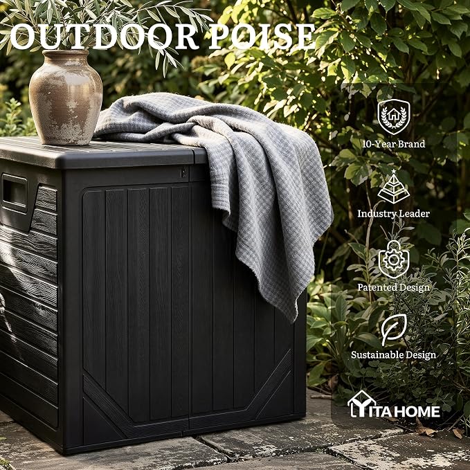 YITAHOME 150 Gallon Large Outdoor Deck Box, Lockable Resin Double-Wall Storage Box and Waterproof Patio Furniture Bin for Garden Tools & Pool Accessories, Black