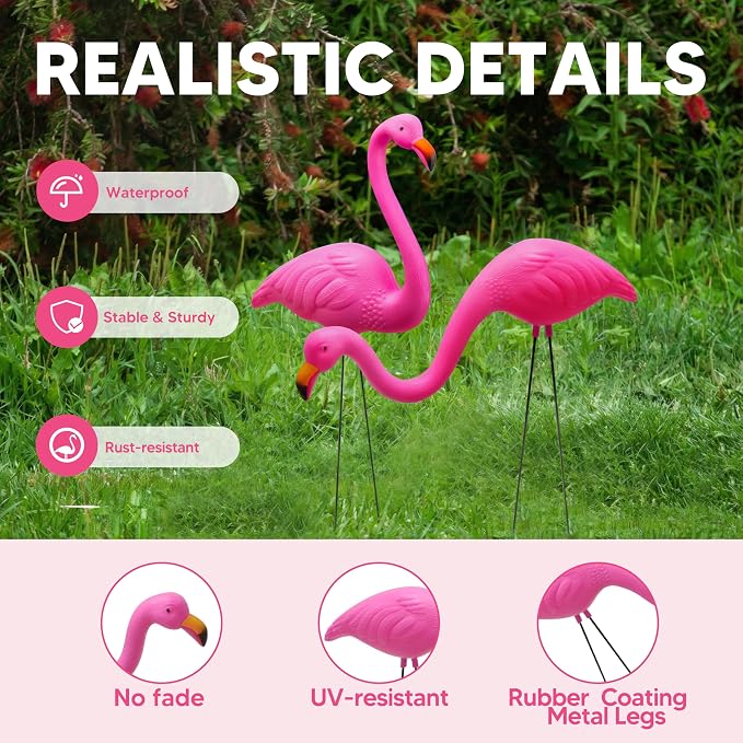 JOYIN Set of 2 Small Pink Flamingo Yard Ornament Stakes Mini Lawn Plastic Flamingo Statue with Metal Legs for Sidewalks, Outdoor Garden Decoration, Luau Party, Beach, Tropical Party Decor, 2 Styles