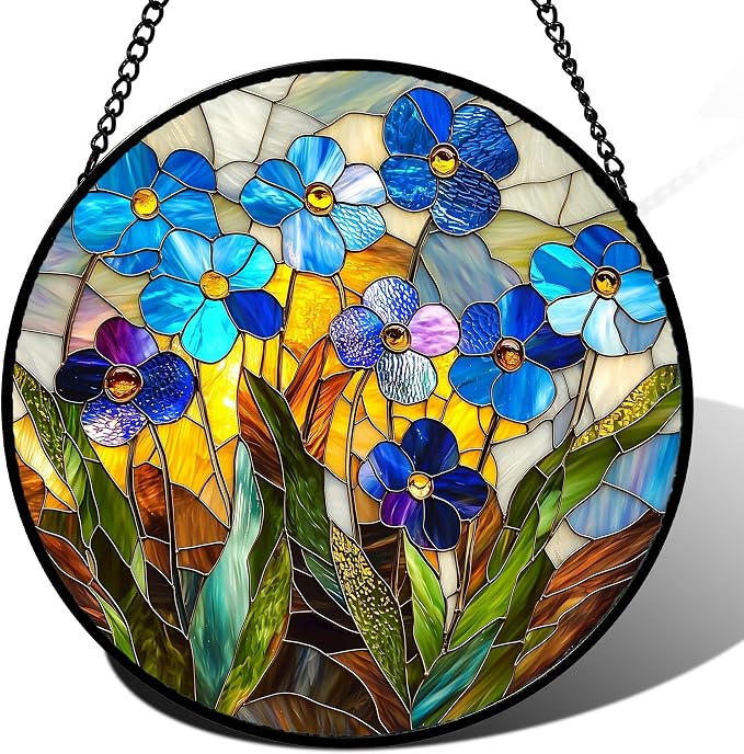 Stained Glass Window Hanging - Blue Wildflower Plant Flowers Sun Catcher for Door Garden Home Decor Suncatcher Christmas Mother's Day Birthday Gifts for Women Men Mom Nana 7.8 in