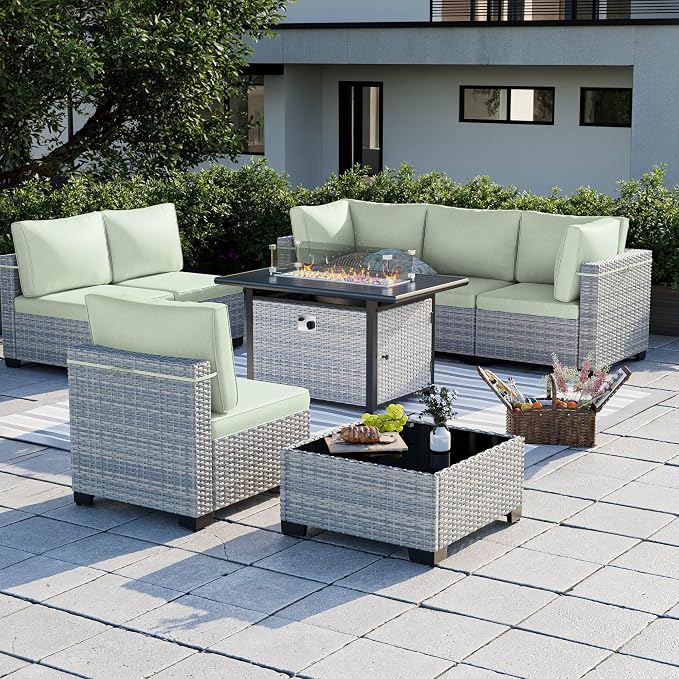 8-Piece Patio Furniture Set, Outdoor Patio Furniture with 55,000 BTU Fire Pit Table, Thick Cushions, Modular Patio Sofa, Dual-Strand Wicker Rattan, Rust-Resistant Frame, Light Green