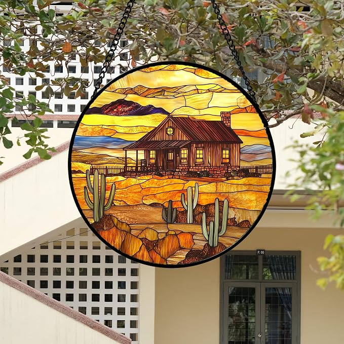 DASTOLL Stained Glass Window Hanging 4 Pcs Set Desert Sunset Theme Landscape Large 15" - Suncatcher Door Garden Sun Catcher Decor Birthday Christmas for Mom Woman Nana Men
