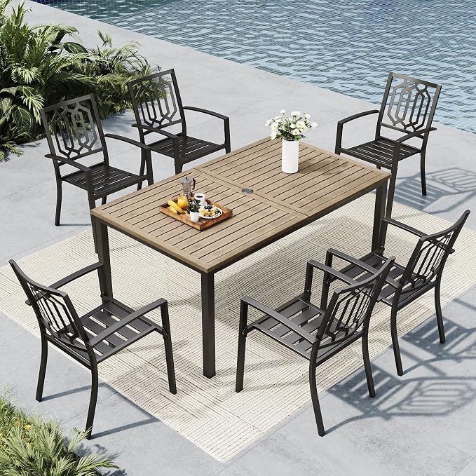 MFSTUDIO Outdoor Dining Set for 6, Metal Patio Dining Set for Deck Backyard Poolside Garden, 7 Piece Patio Table and Chairs Set with Umbrella Hole