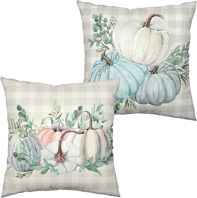 Fall Thanksgiving Pillow Covers 18x18 Set of 2 Watercolor Blue Pink Pumpkin Throw Pillow Covers Grey Plaid Autumn Farmhouse Pillow Case Harvest Decorations for Couch Outdoor Patio