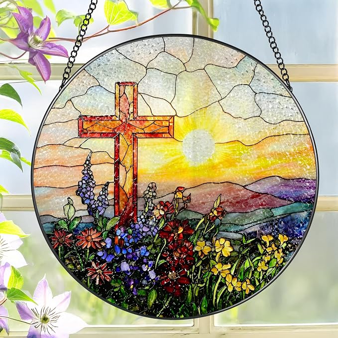 8 Inch Cross Sunset Suncatchers for Windows Hanging, Indoor Decor 8 Inch, Stained Glass Gift, Christian Gifts, Religious Gifts, Christian Cross, Christmas Jesus Gift, Window Decor