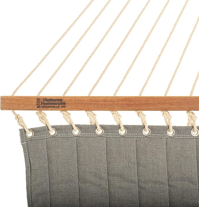 Hatteras Hammocks Large Cast Slate Sunbrella Quilted Hammock – 13 ft. x 55 in., 2-Person, 450 lb Capacity, Cumaru Spreader Bar, Zinc-Plated Hardware – Handcrafted in The USA