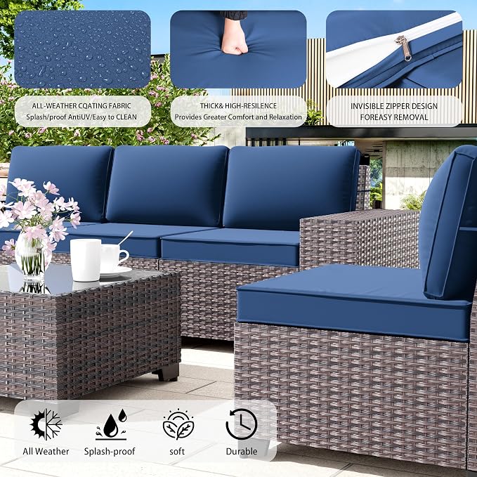 13 PCS Outdoor Patio Furniture Set,Outdoor Sectional Furniture with 43" 55000 BTU Gas Propane Fire Pit Table,All Weather PE Rattan Wicker Patio Conversation Set,Navy Blue