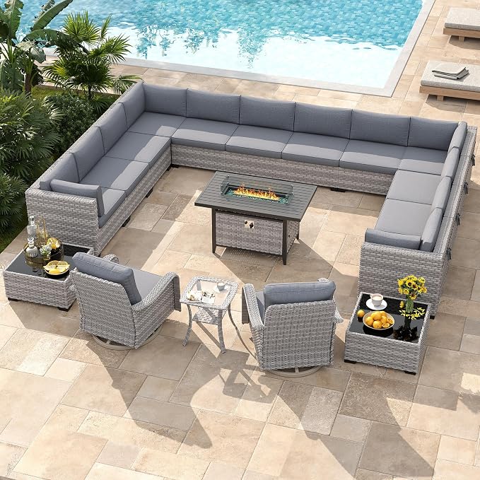 14-Seat Outdoor Wicker Patio Furniture Set with Fire Pit Table, Modular Rattan Sectional Sofa & 2 Swivel Rocking Chairs, 4" Thick Cushions, Rust-Resistant Frame,Gray